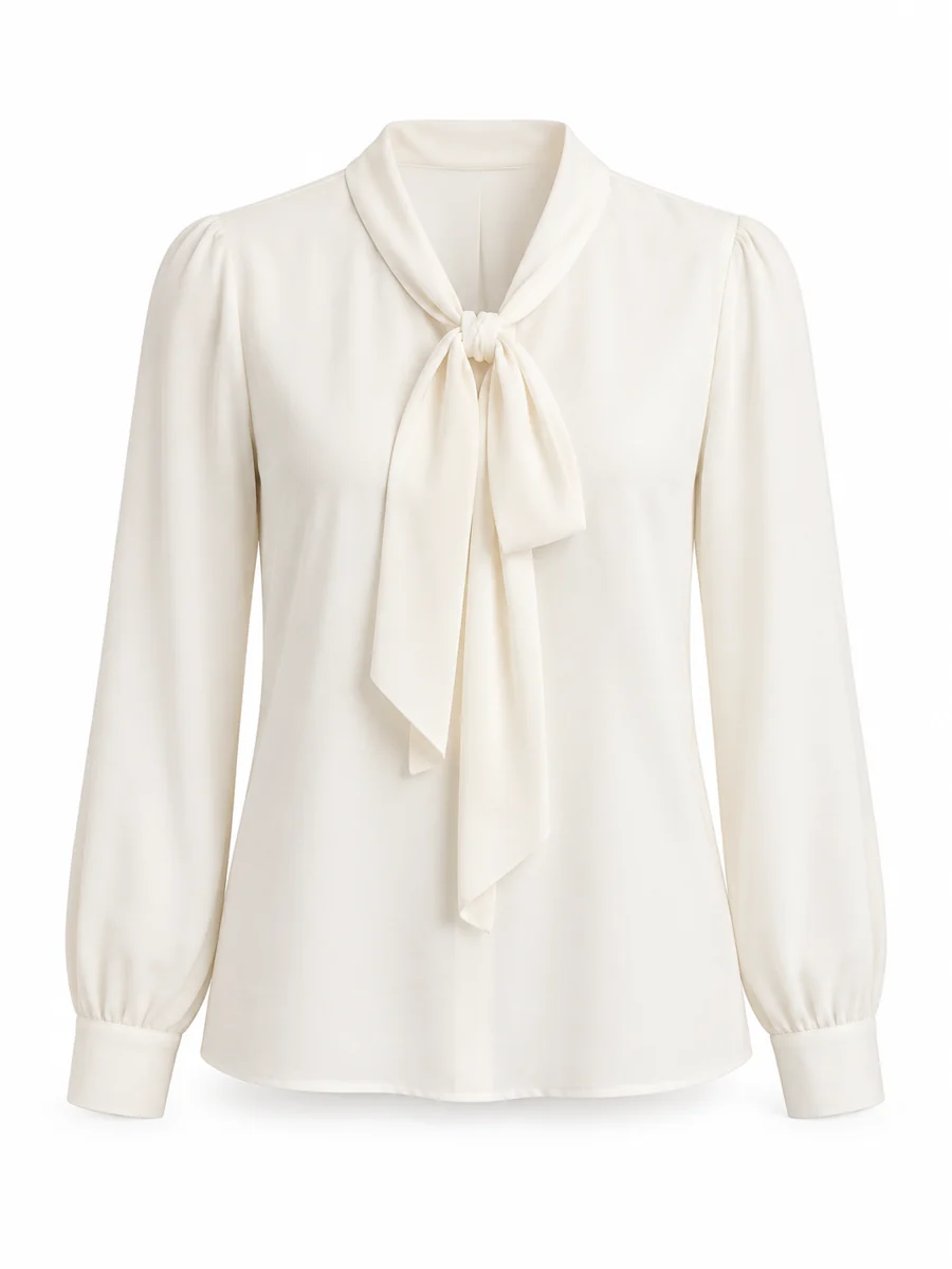 Tie-neck work blouse, shown in Ivory