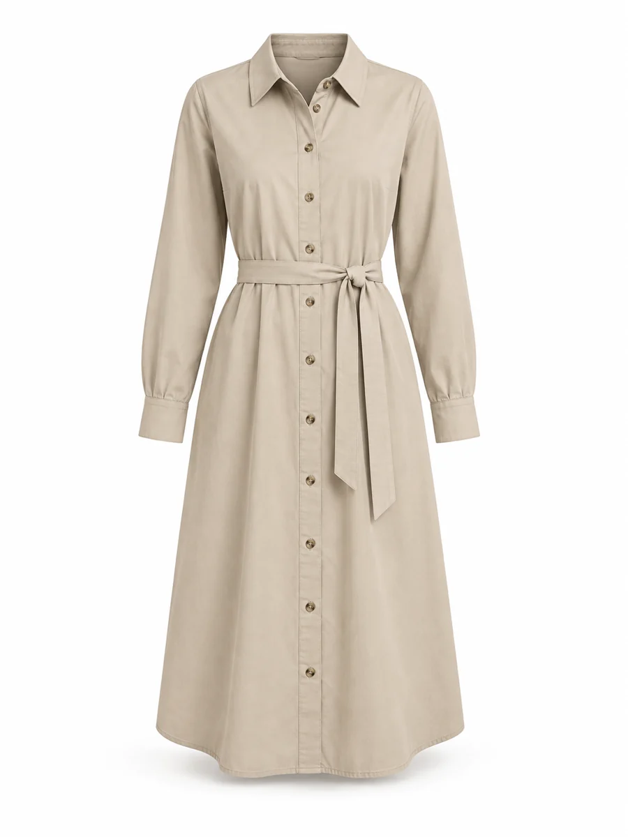 Belted shirt dress, shown in Stone