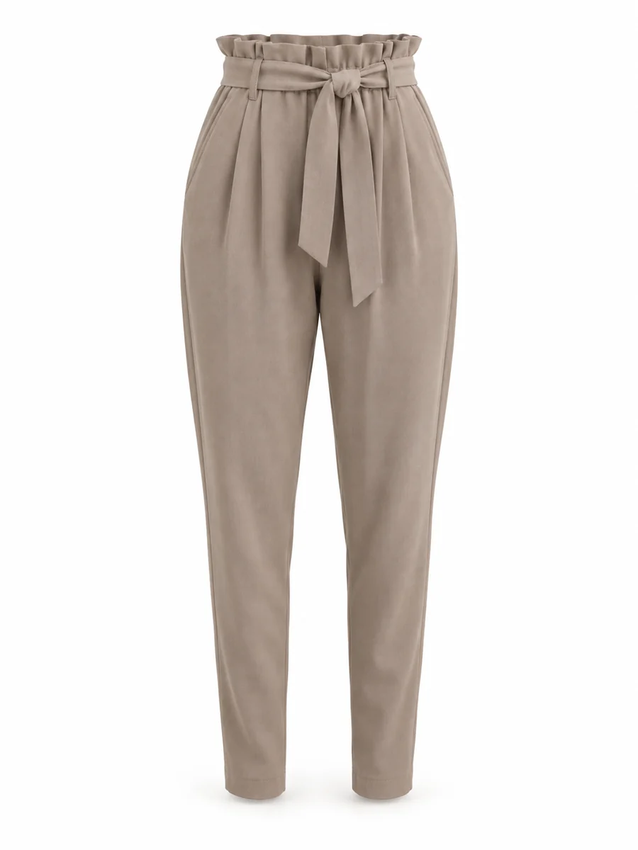 Belted paperbag trousers, shown in Taupe